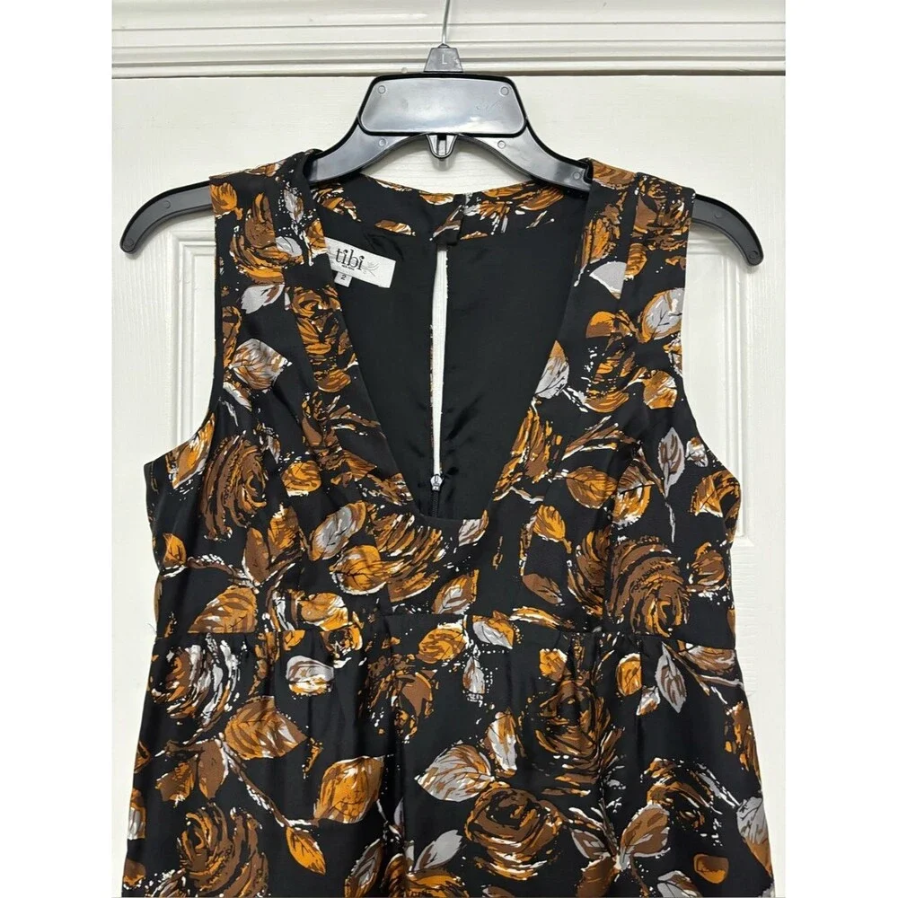 Tibi Silk Floral Sheath Dress • Black Brown V-Neck Mini • Wedding Guest • Size 2